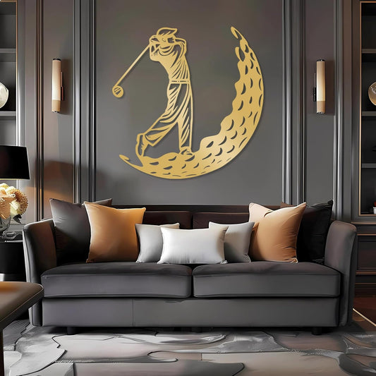 Golf Metal Wall Art, Golfer Metal Wall Decor, Golf Ball Wall Decor, Sports Wall Art, Sports Theme Wall Decor, Gift for Golf Player, Gift For Father, Home Office Wall Art, Man Cave (Gold, 28"x28"|70x70cm)