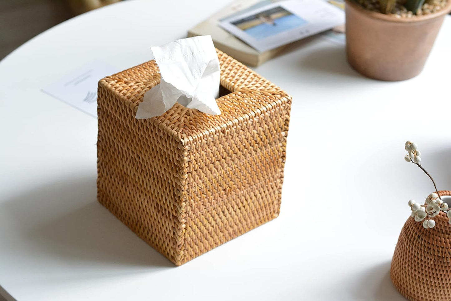 Rattan Tissue Box Cover Natural Woven Facial Napkin Holder Square (Natural, 5.5x5.5x5.9 Inch)