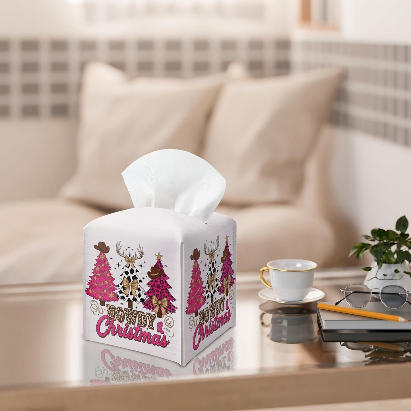 Christmas Tissue Box Holder, Pink Western Cowboy Christmas Trees Leather Tissue Box Cover Square, Paper Facial Decorative Tissues Cover for Night Stands Bathroom Office Home Decor-B08
