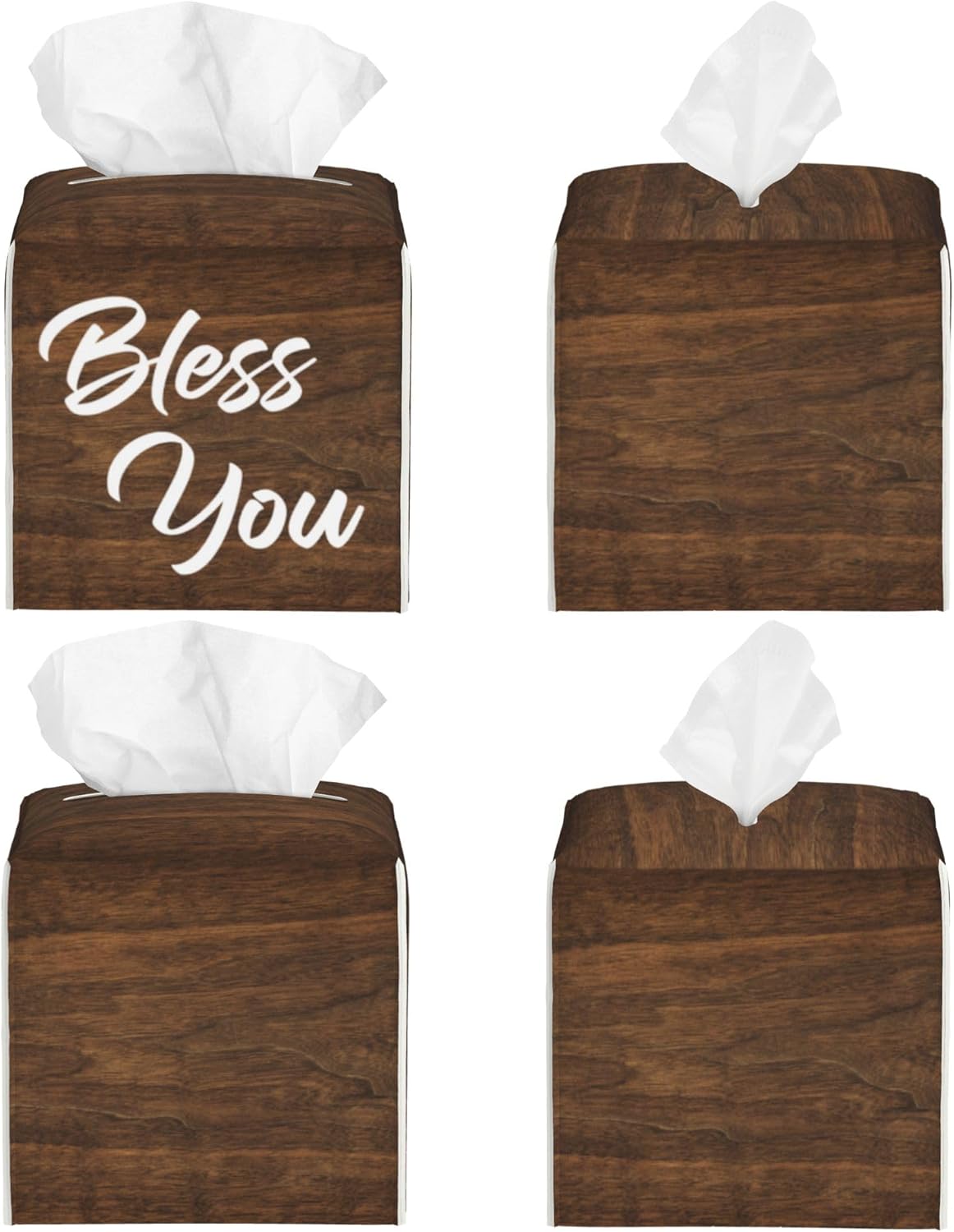 Bless You Tissue Box Cover Square,Wooden Board Texture Tissue Box Holder Waterproof Leather Facial Paper Organizer Dispenser for Bathroom Home Car Nightstand Vanity Desk