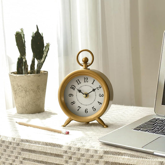 Small Gold Desk and Shelf Clock, 4.7*7.3 Inch Retro Elegant Tabletop Clock with Glass Cover, Silent Non-Ticking Battery Operated Decorative Clock for Living Room, Office, Bedroom, Gift Idea