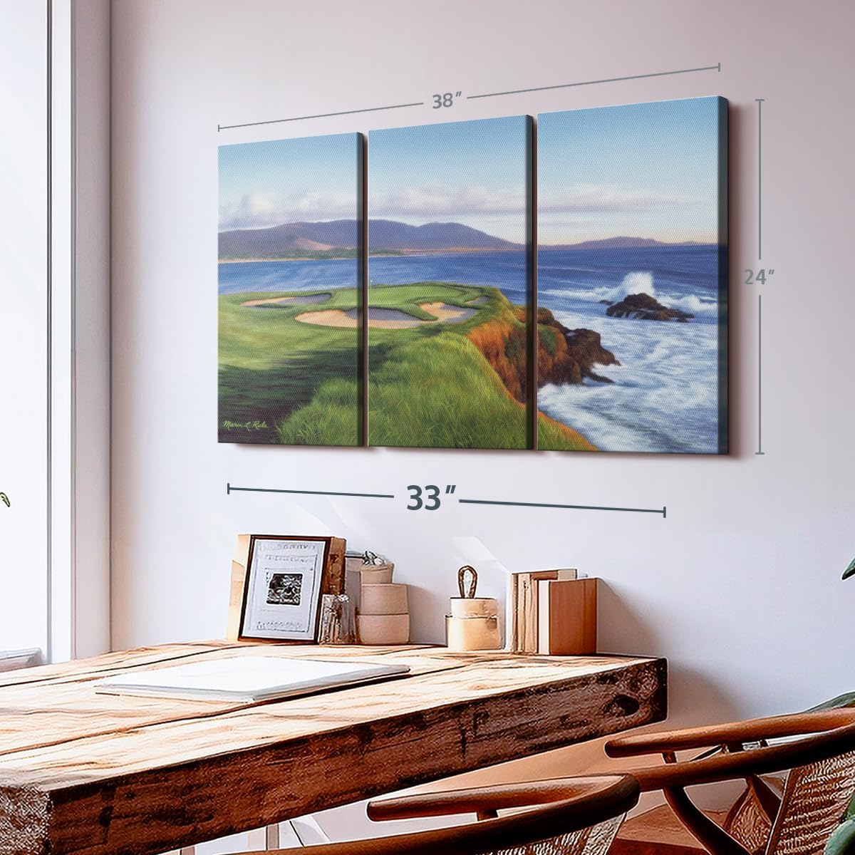 ElephantStock Pebble Beach 7th Hole Wall Art - Horizontal Canvas - 3-Piece Living Room Wall Decor - Painting Sports Canvas Print - Green and Blue Decor for Wall by Marci Rule - 38" X 24"