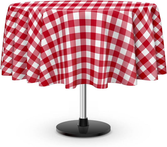 6 Pack Red and White Checkered Tablecloth, Round Red Gingham Plastic Table Cloths for Parties Disposable, 84x84 in Waterproof Camping Tablecloth for Birthday Party Baby Shower Picnic School