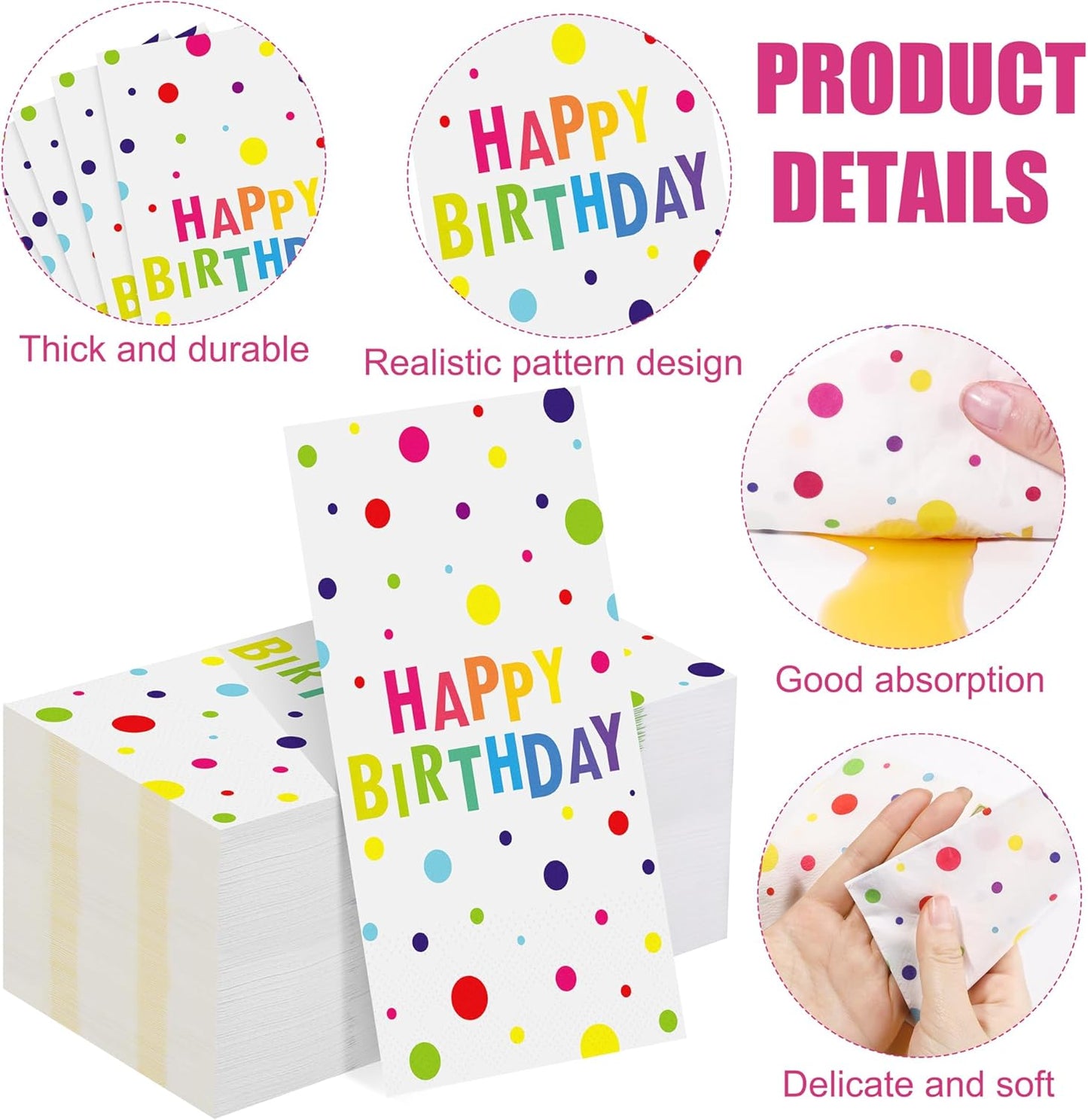 100 Pieces Happy Birthday Napkins Disposable Rainbow Polka Dot Party Napkins 7.8 x 4.3 Inch Colorful Paper Cocktail Napkins Birthday Supplies for Baby Shower Birthday Party Decorations