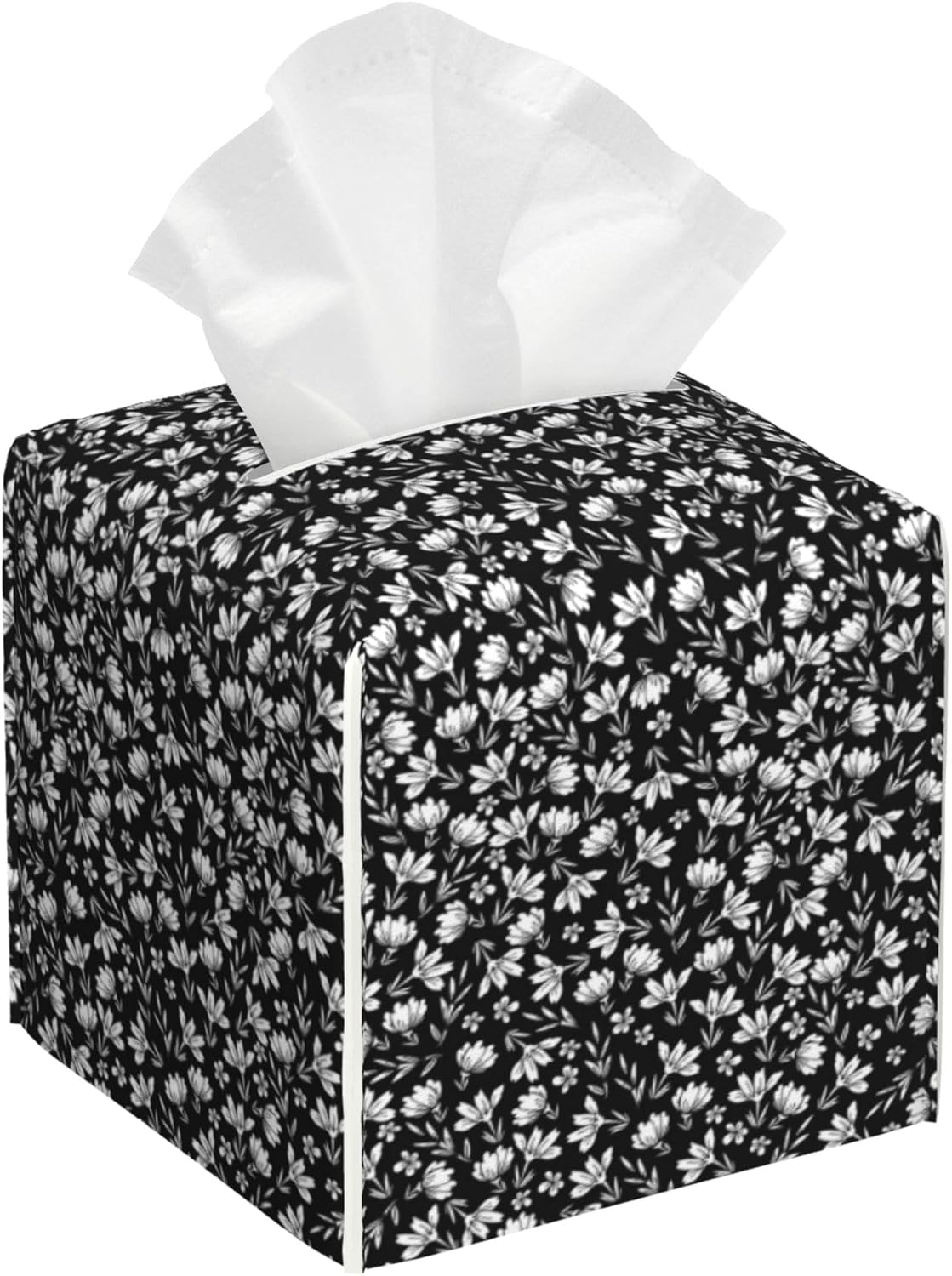 Leather Tissue Box Holder Black and White Flowers Tissue Box Cover Square Waterproof Tissue Holder Organizer Modern Napkin Holder for Bedroom Dresser Night Stand Office Desk