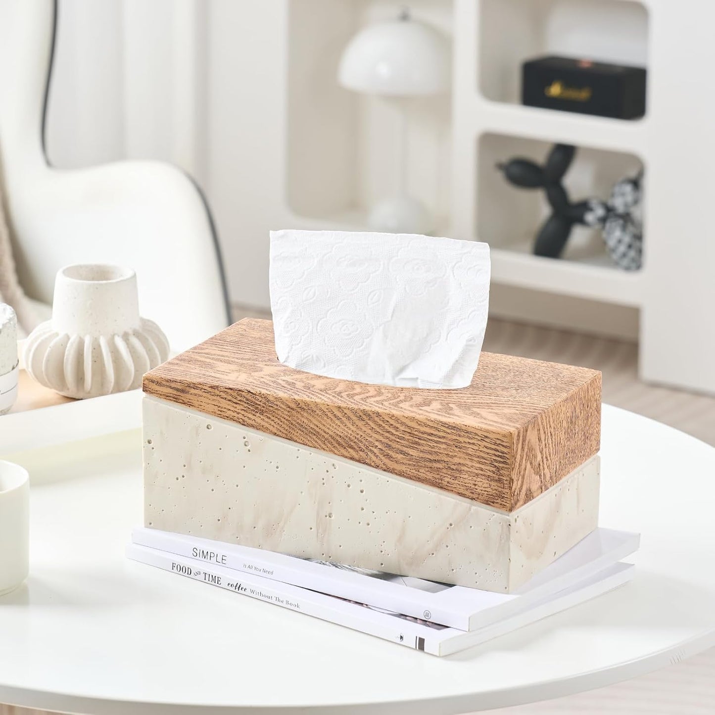 Rectangular Natural Travertine and Rustic Wood Textures Tissue Box Cover for Bathroom,Livingroom,Bedroom, Hand-Made Resin Wood Inlaid Travertine Tissue Box Holder,10 x 5.7 x 4.5 in