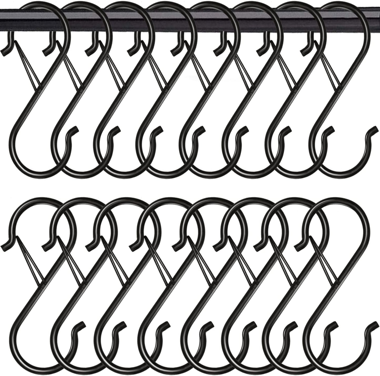 16 Pack Heavy Duty S Hooks with Safety Buckle - S Shaped Hooks for Hanging Plants, Clothes, Kitchen Utensils, Bags (Black)