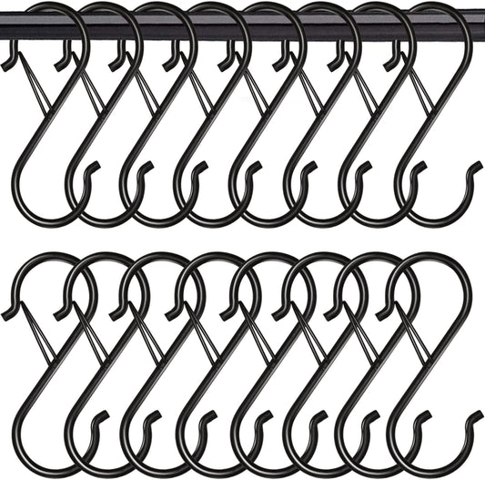 16 Pack Heavy Duty S Hooks with Safety Buckle - S Shaped Hooks for Hanging Plants, Clothes, Kitchen Utensils, Bags (Black)