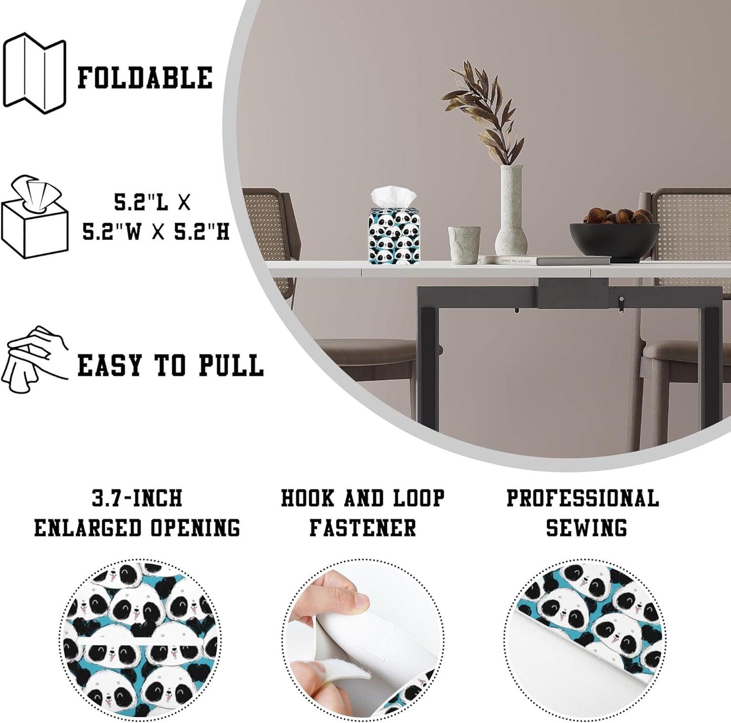 Cute Panda Tissue Box Cover Square, Tissue Box Holder Leather Facial Paper Case Decorative Organizer Holder Dispenser Home Office Car Decor