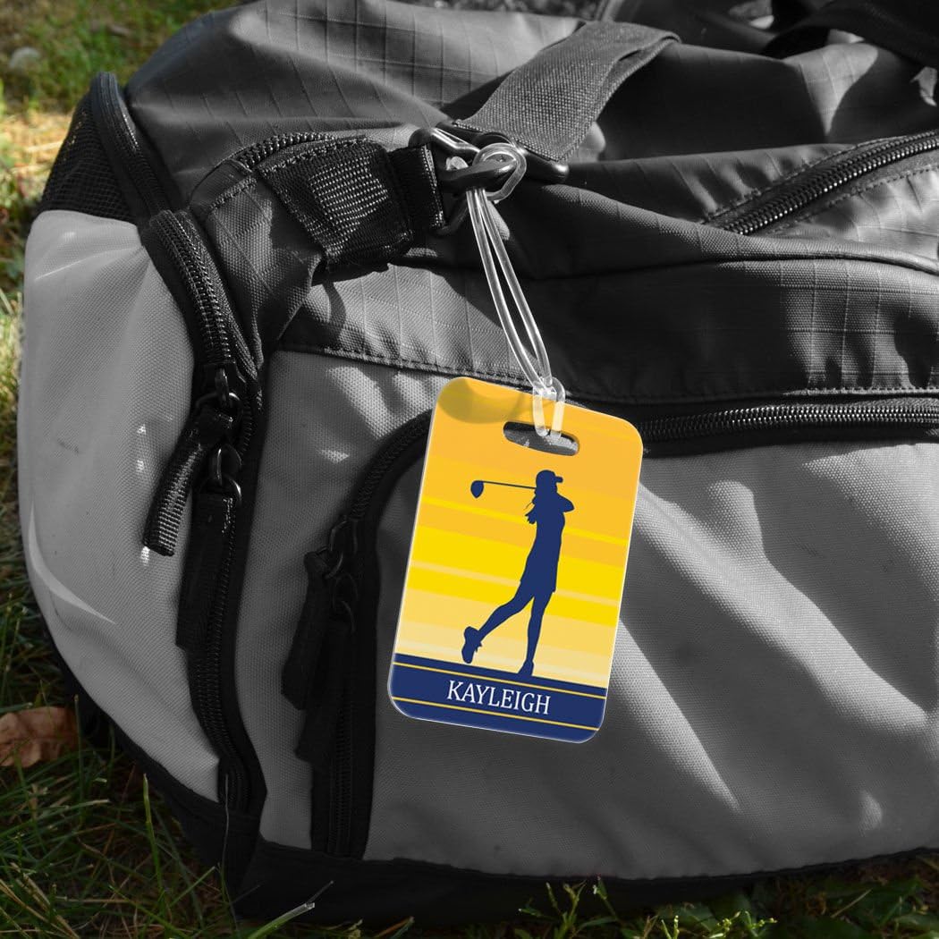 ChalkTalkSPORTS Golf Luggage & Bag Tag | Personalized Female Golfer | Standard Lines on Back | Medium | Yellow