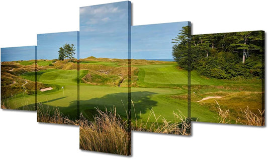 5 Piece Golf Course Canvas Wall Art Wisconsin Wall Art Golf Decor Whistling Straits Nature Landscape Poster Golf Course Field Wall Art Decor for Home Office Decor Framed Ready to Hang - 50"W x 24"H