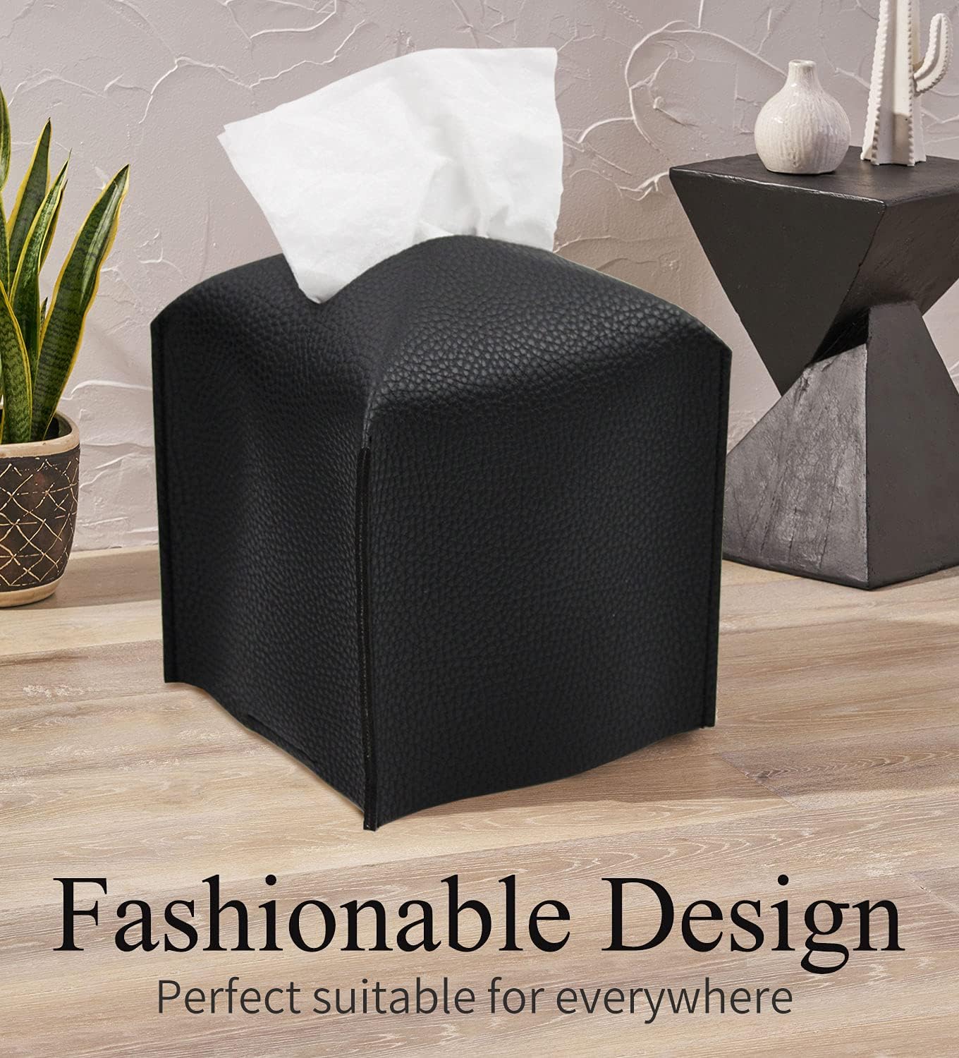 Livelab Tissue Box Cover, Square Decorative PU Leather Tissue Box Holder Modern Tissue Case Facial Paper Organizer Dispenser for Bathroom, Vanity Countertop, Night Stands, Desk, Car 5X5X5'' | Black