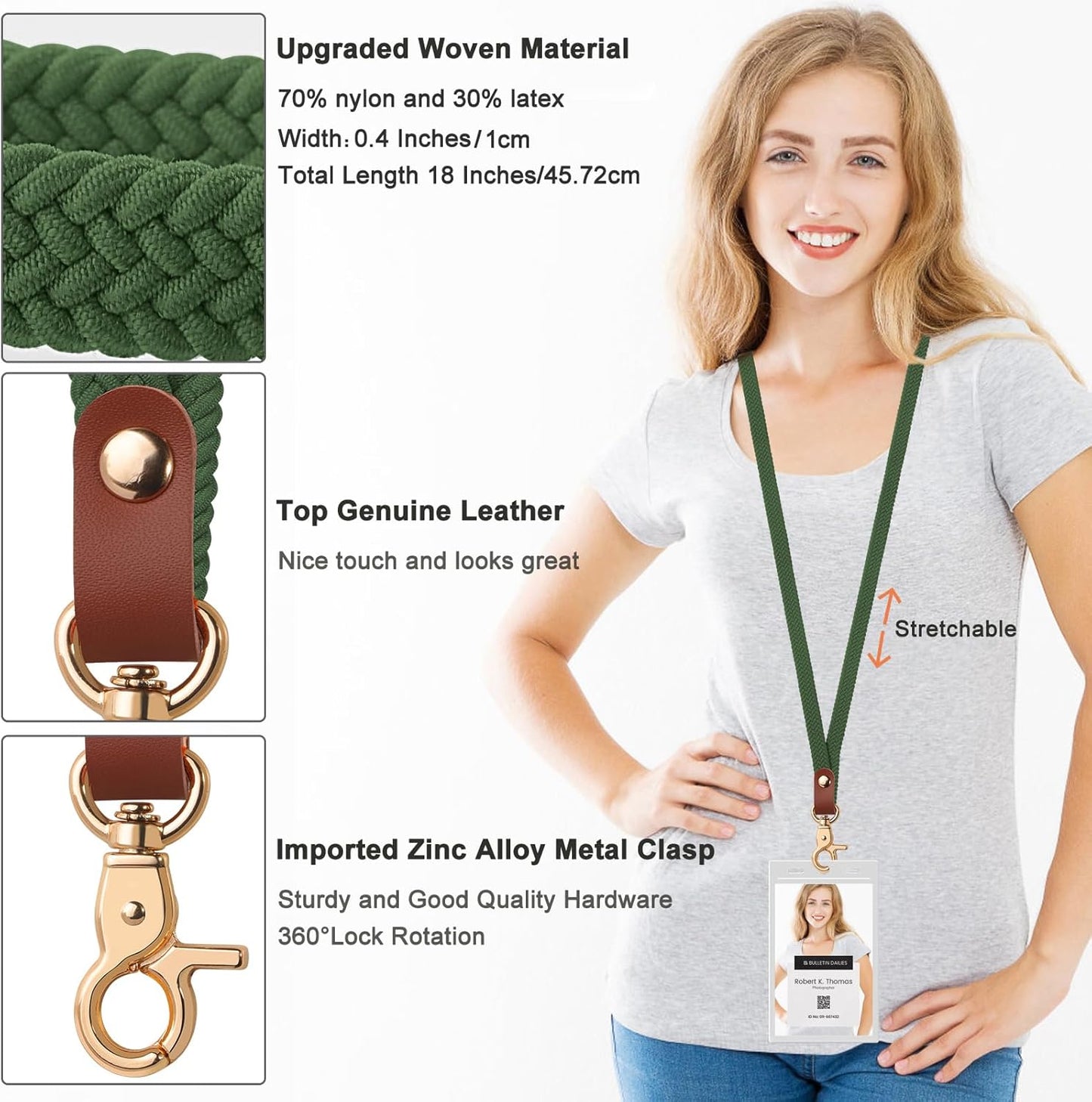 Fishent Stretchy Thin Lanyards for Keys ID Badges, Cute Long Teacher Neck Key Lanyard Keychains for Women Men Wallet Phone(Dark Green)