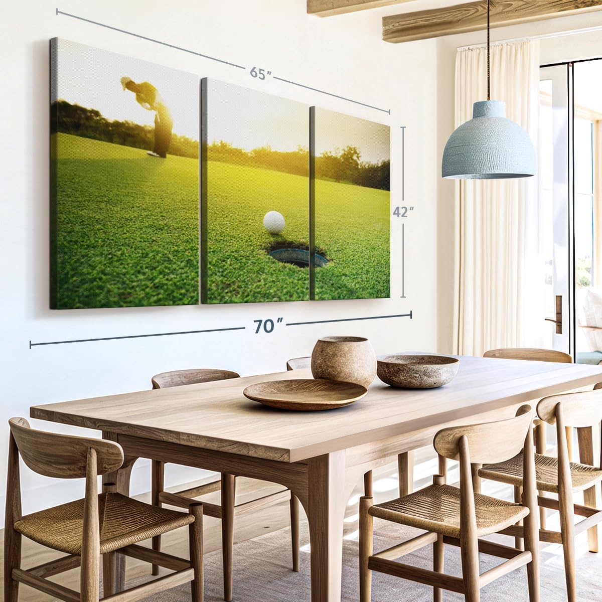 ElephantStock Golf Ball Strike Wall Art - Horizontal Canvas - 3-Piece Living Room Wall Decor - Photography Sports Canvas Print - Green and White Decor for Wall - 65" X 42"