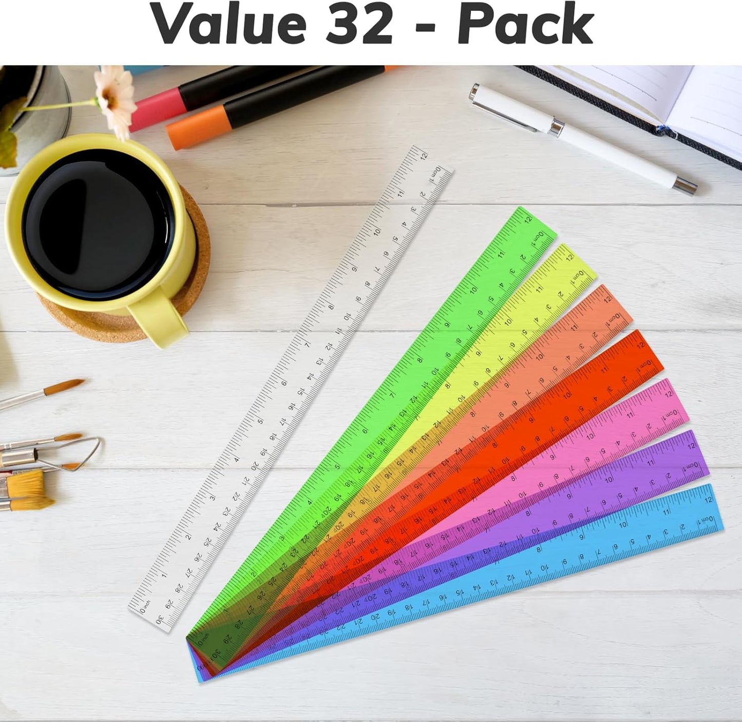 32PCS Colorful Plastic Ruler 12 Inch with Centimeter and Millimeter, Transparent Assorted Color Metric Rulers Bulk Measuring Drawing Tool Home Office Supplies