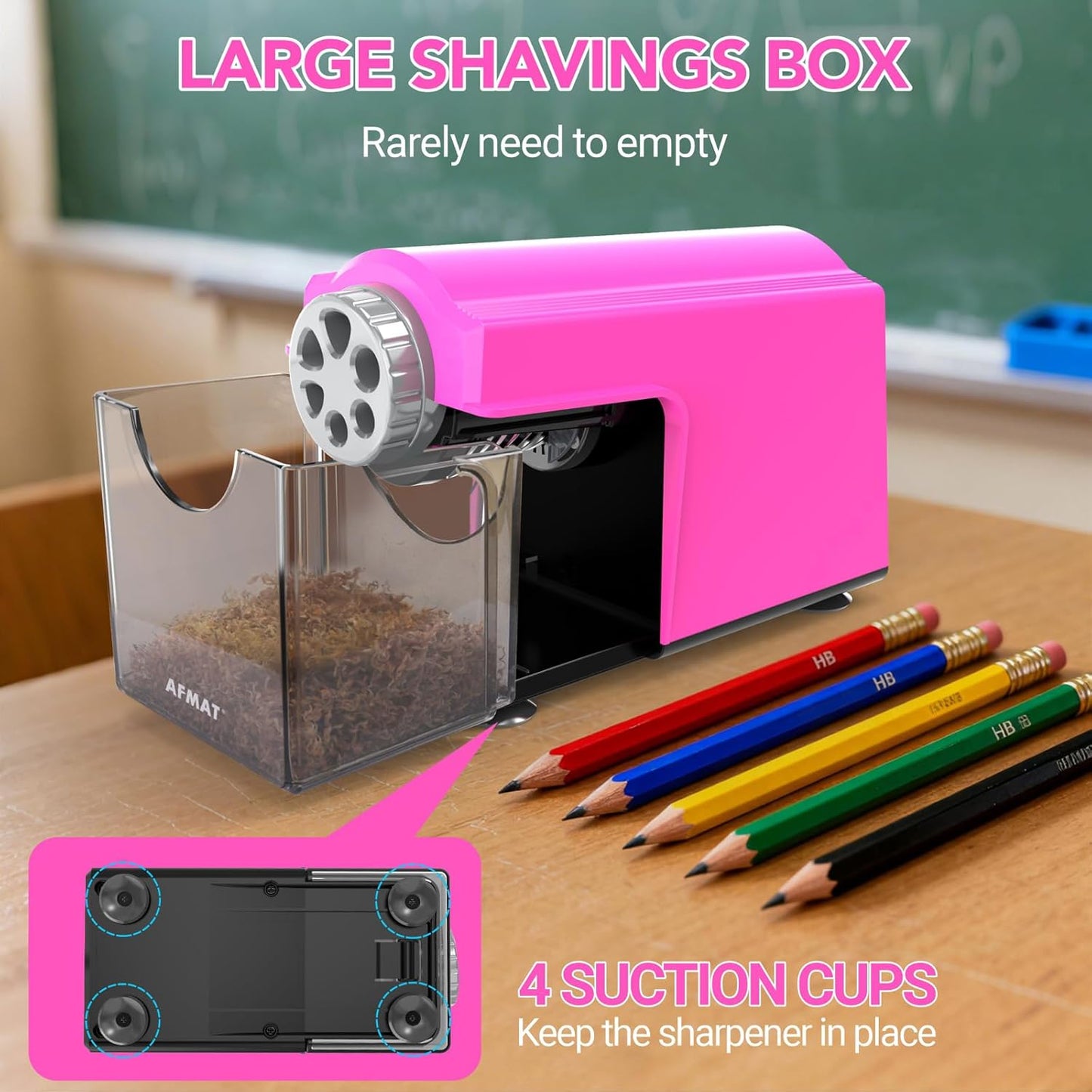 AFMAT PSD4 Electric Pencil Sharpener Heavy Duty, 6 Holes, Cordless & Rechargeable, Super Fast, Auto Stop, 10K+ Uses, Classroom Pencil Sharpener for 6-11mm No.2/Large/Colored Pencils, Pink