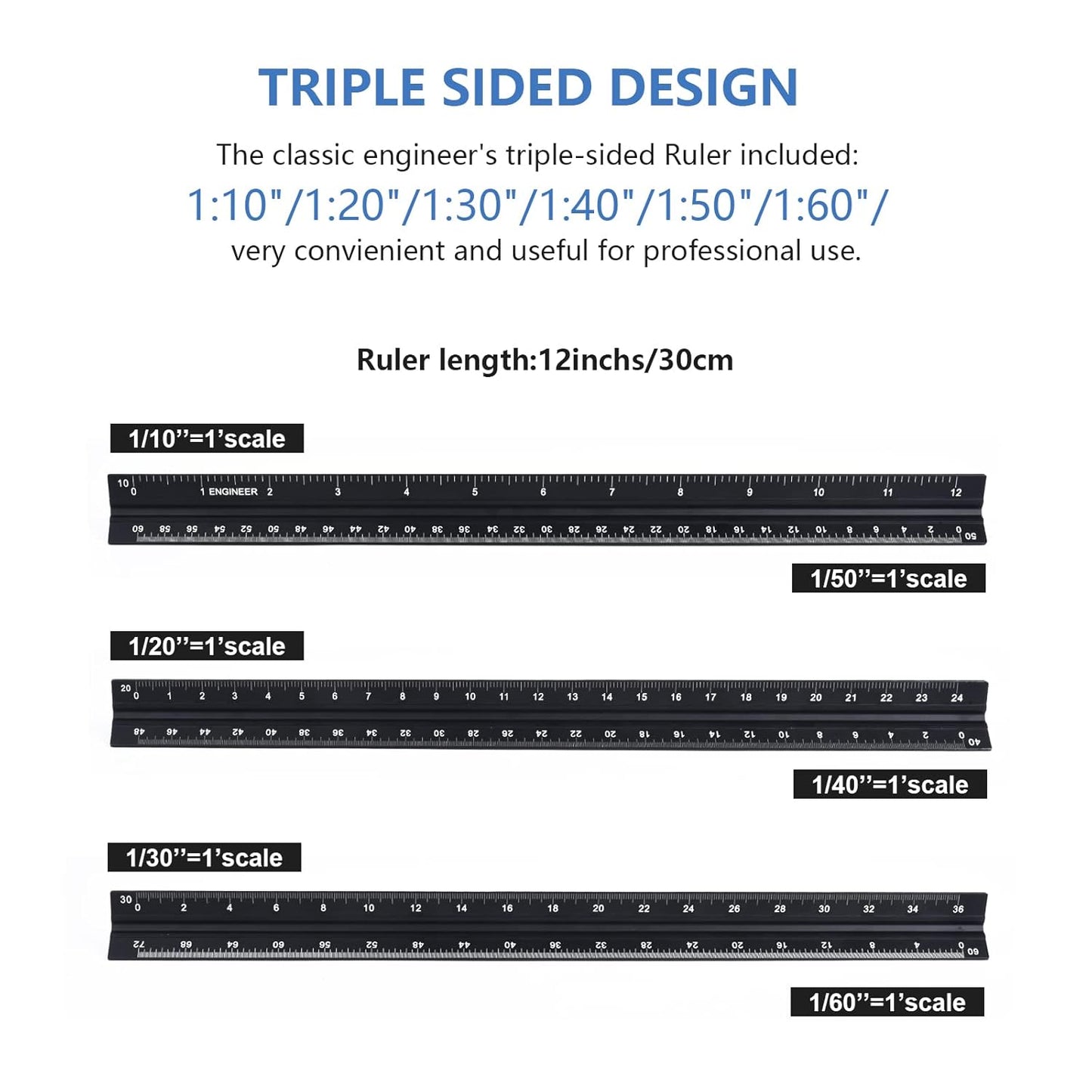 Architectural and Engineering Scale Ruler Set, Imperial Measurements 12'', Black Laser-Etched Aluminum Architect Triangular Ruler for Architects, Students, Draftsman, and Engineers