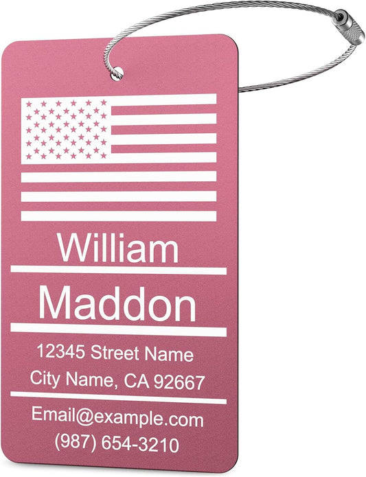 Luggage Tags for Suitcase - Personalized Engraved Metal Tag for Cruise Travel - Pink Custom Name Tags Suitable for Bags and Backpack