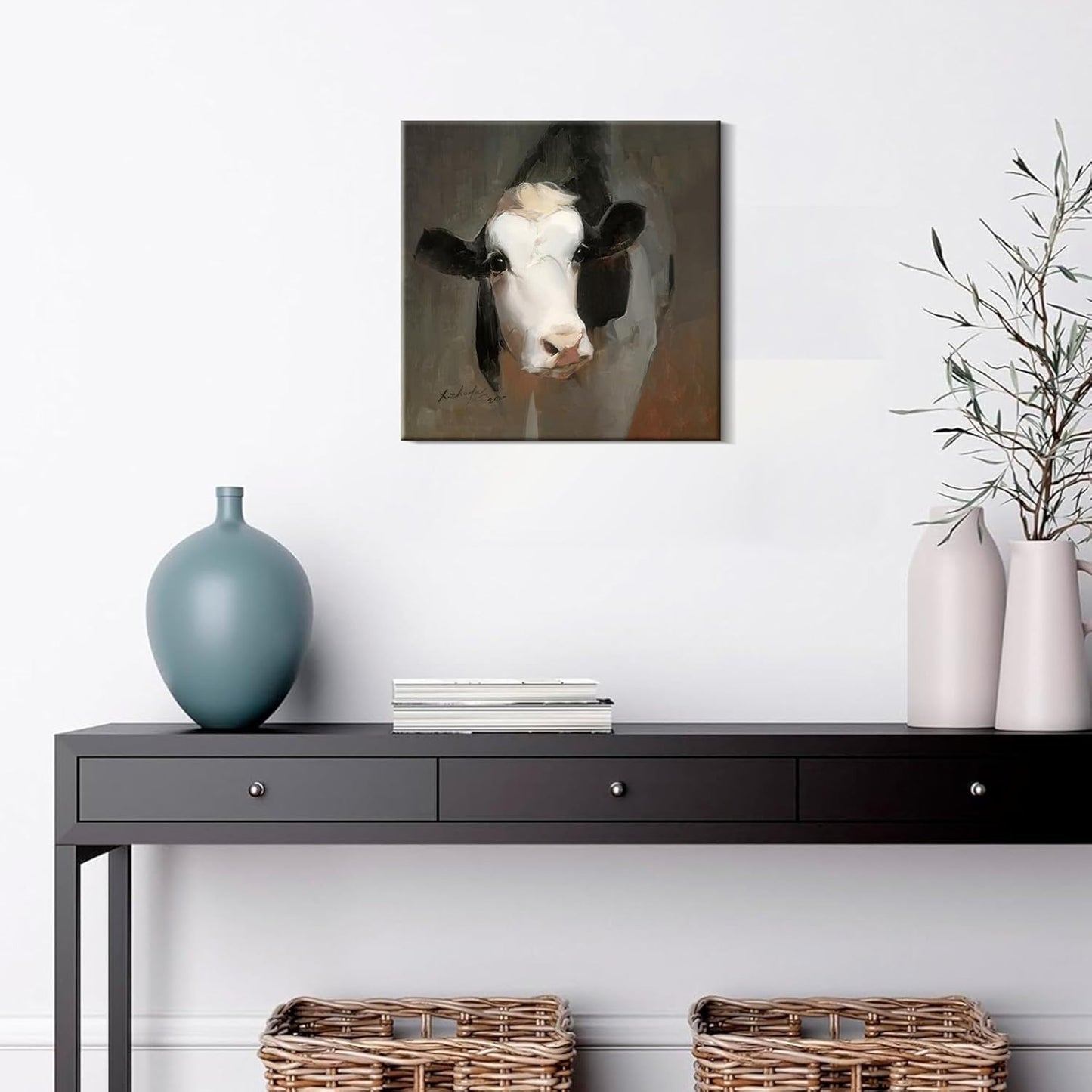 JZLDZS Farmhouse Cow Canvas Wall Art, Rustic Black & White Cow Painting Print, Country Decor for Kitchen Living Room Bathroom Bedroom, Gallery Wrapped 12x12 Inch Framed