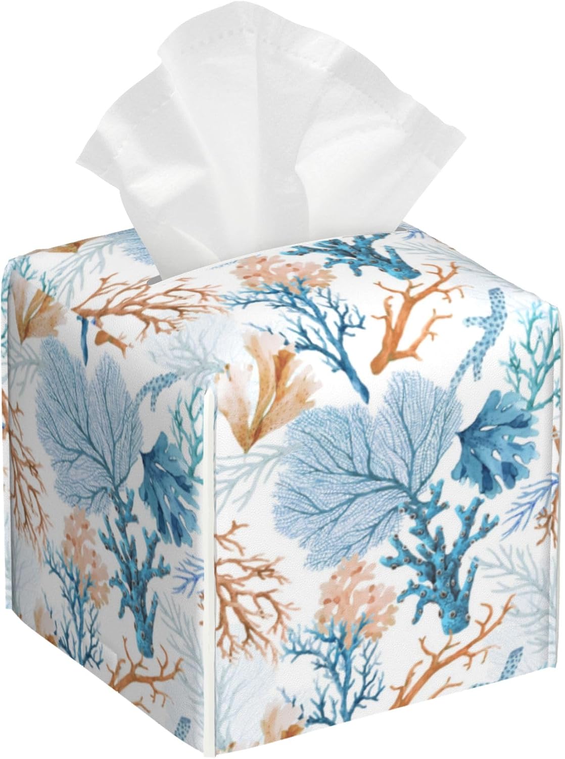 Tissue Box Holder Watercolor Blue Corals Tissue Box Cover Square Leather Tissue Holder Organizer Portable Decorative Facial Paper Case for Home Office Bathroom Vanity Countertop