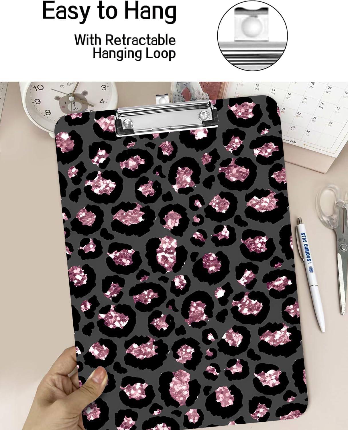 Fashion A4 Clipboard, Standard Letter Size 9" x 12.5", Decorative Wooden Clipboard with Low Profile Metal Clip for Office, School, Teachers, and Students, Pink Leopard