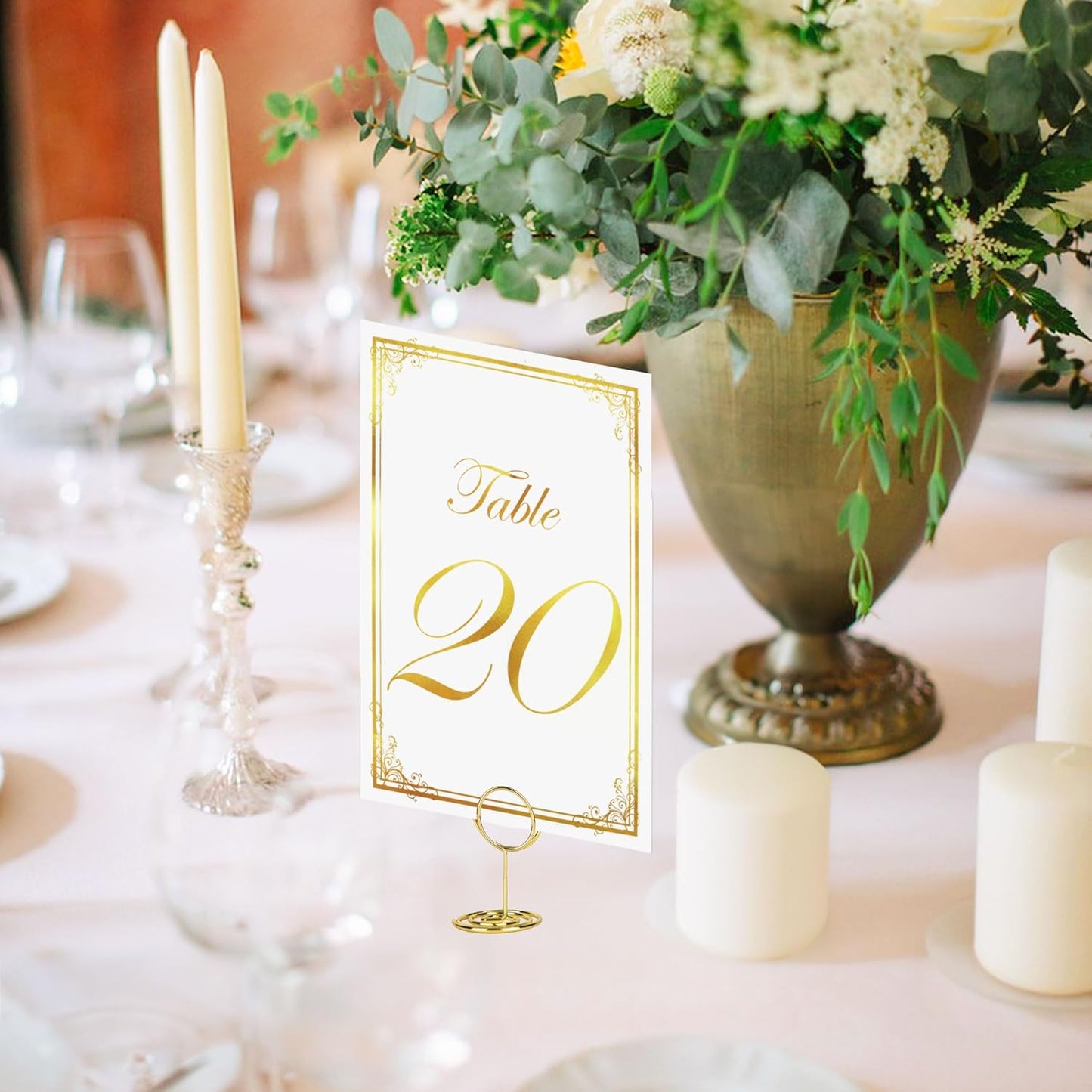 JOYIT 22 Sets Wedding Table Number 1-20 and 2 Card for Gift and Head Table, with 22 Pcs Tables Number Holders, White Gold 4" x 6" Tables Numbers for Wedding Reception(22 Set/White Gold)