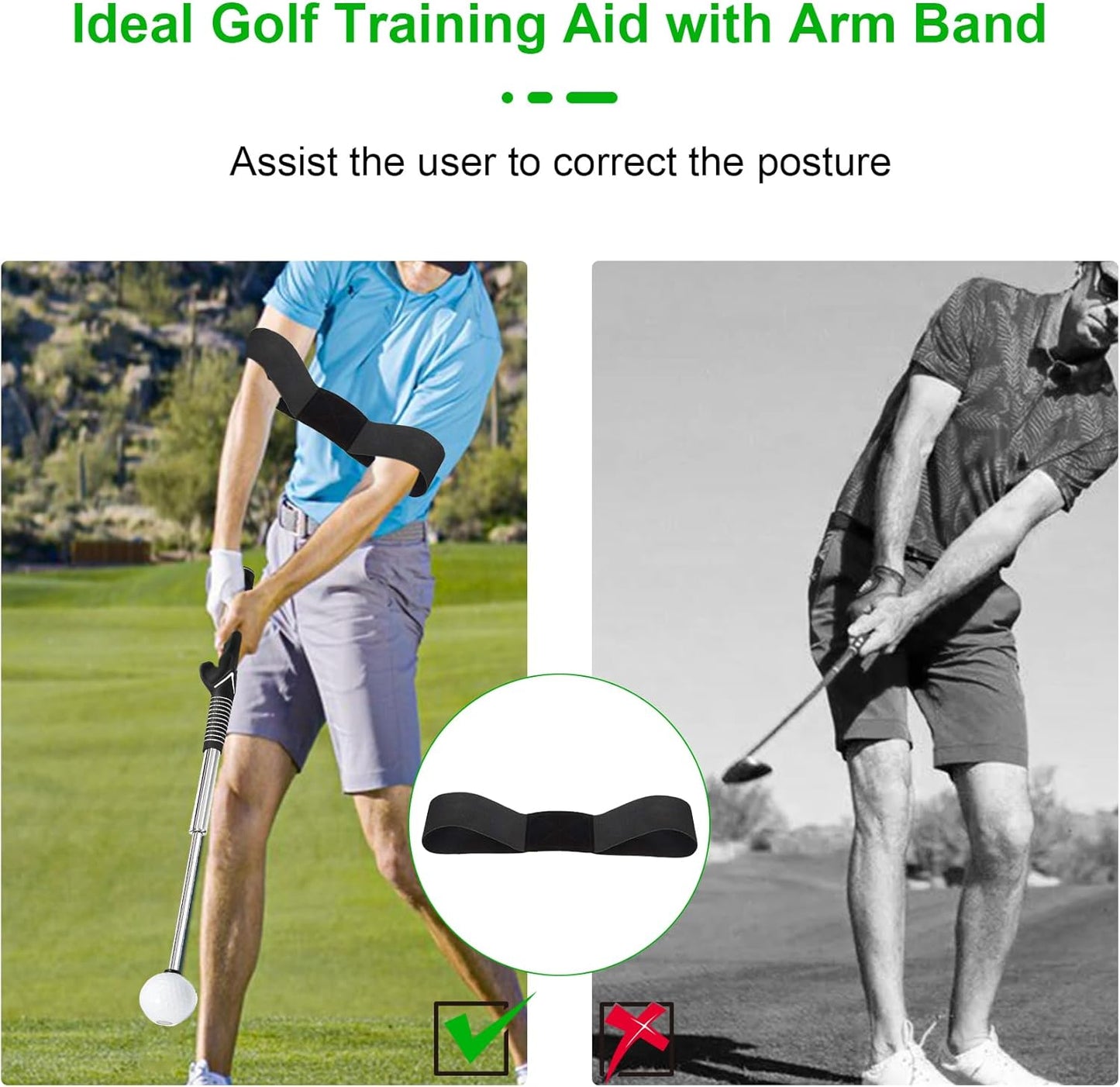 Retractable Golf Swing Trainer - Golf Swing Training Aid, Non-Slip Golf Grip Trainer, Strength & Tempo Training, Golf Alignment Sticks & Arm Band, Indoor Outdoor Golf Swing Practice