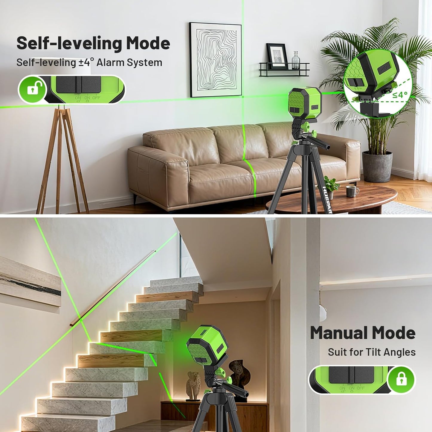 Laser Level with 60 Inch Tripod, Huepar 100Ft Self Leveling Laser Level Rechargeable Green Cross Line Lazer Leveler Tool for Picture Hanging, Tile, Home Renovation, 360° Magnetic Bracket &Target Plate