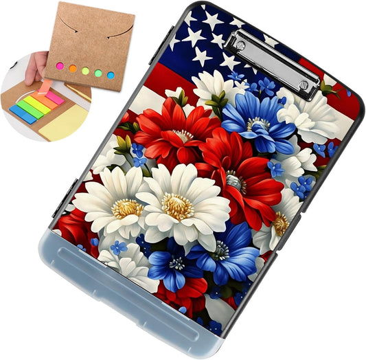 Clipboard with Storage - Large Capacity,Nursing Clipboard with Pen Holder,Heavy Duty,Plastic Side-Opening Folder for Teacher,Nurse - American Flag Flowers Bouquet