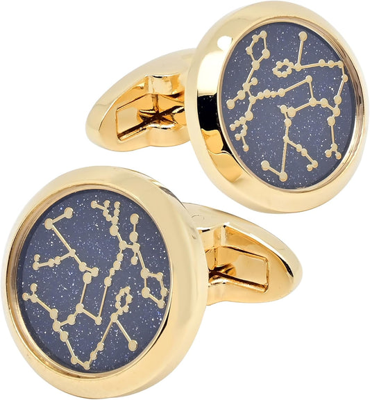Sky Constellation Pattern Round Men's Cufflinks In Gift Case Sparkling Blue Goldstone Cufflinks for Men Jewelry for Wedding Party Business Birthday Anniversary Dress