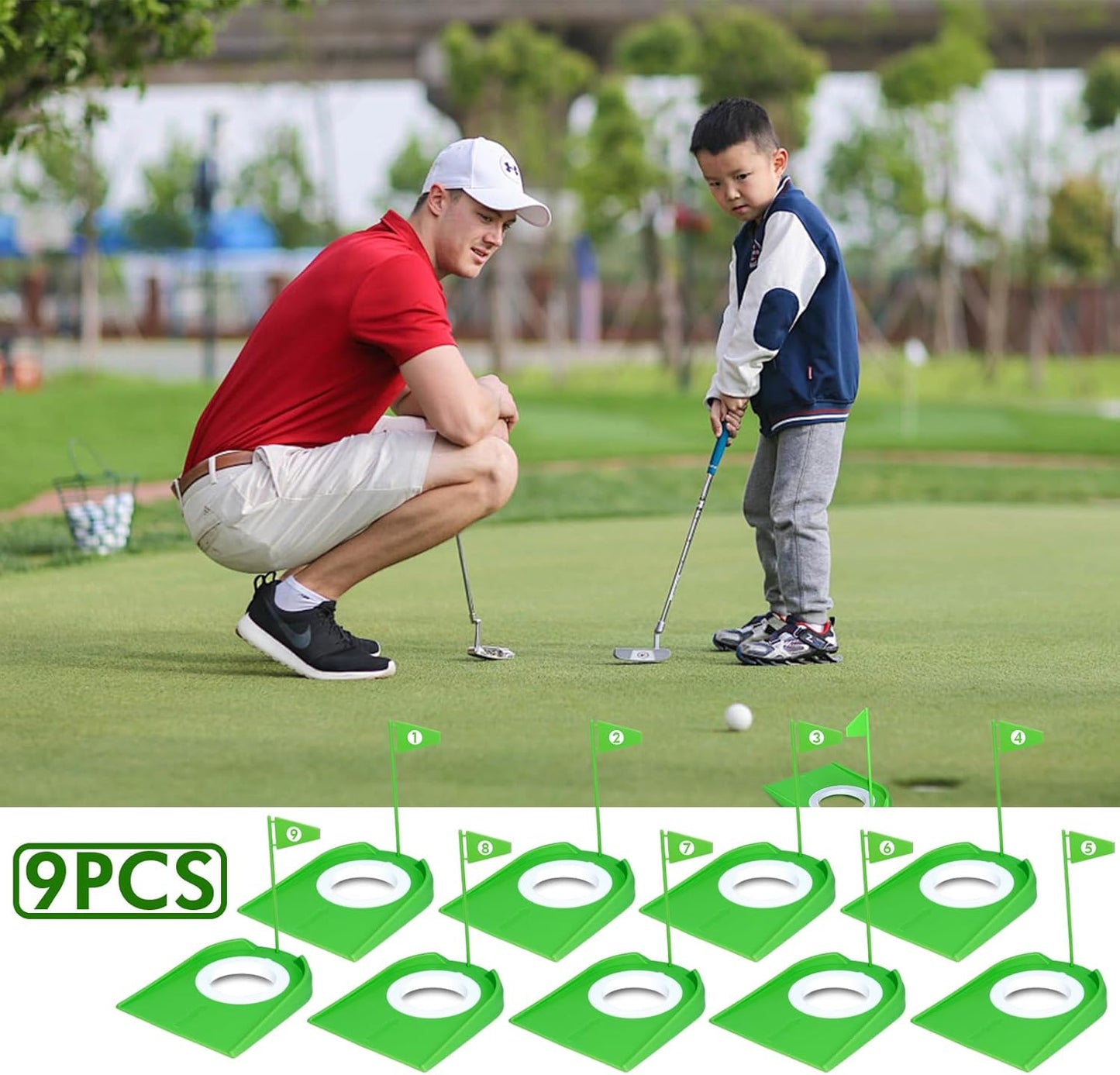9 Pack Golf Putting Cups with Flags, Plastic Golf Training Aids with Golf Ball Retriever, Putting Training Hole Set for Indoor Outdoor