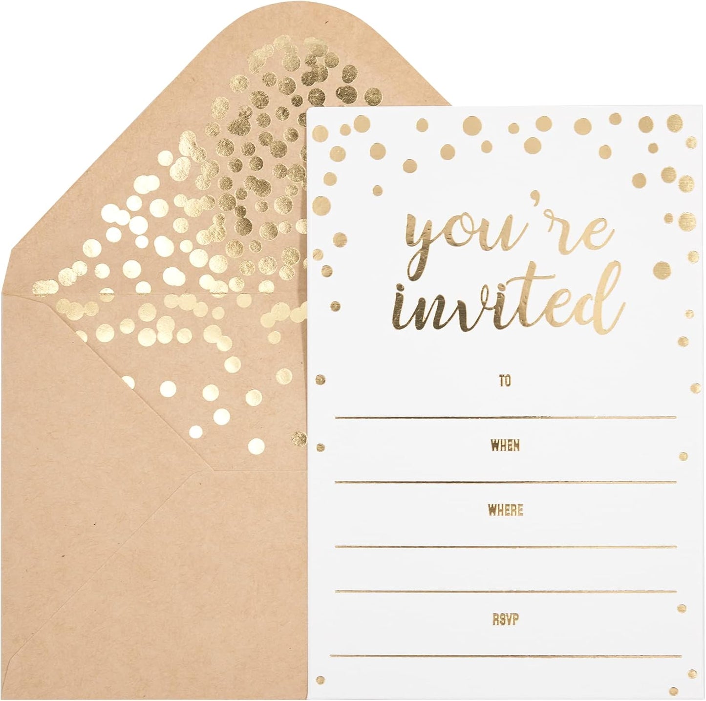 50 Pack Invitation Card - Elegant Greeting Cards ‘’You are Invited’’ in Gold Foil Letters – for Wedding, Bridal Shower, Baby Shower, Birthday Invitations - 52 Kraft Envelopes Included - 4" x 6"