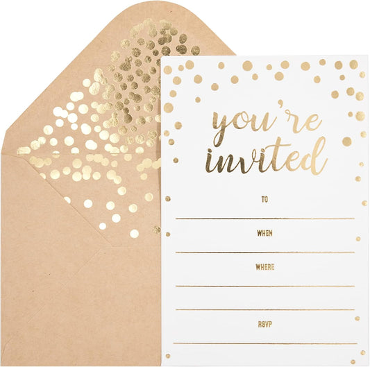 50 Pack Invitation Card - Elegant Greeting Cards ‘’You are Invited’’ in Gold Foil Letters – for Wedding, Bridal Shower, Baby Shower, Birthday Invitations - 52 Kraft Envelopes Included - 4" x 6"