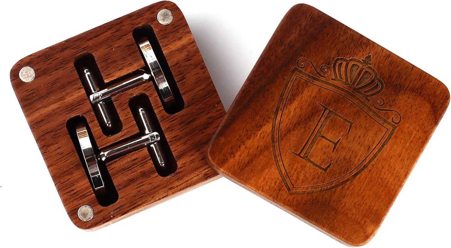 Mens Initial Silver Cufflinks A-Z Alphabet Letter Steel Cuff Links with Engraved Walnut Wood Box Groom Groomsman Wedding Set…