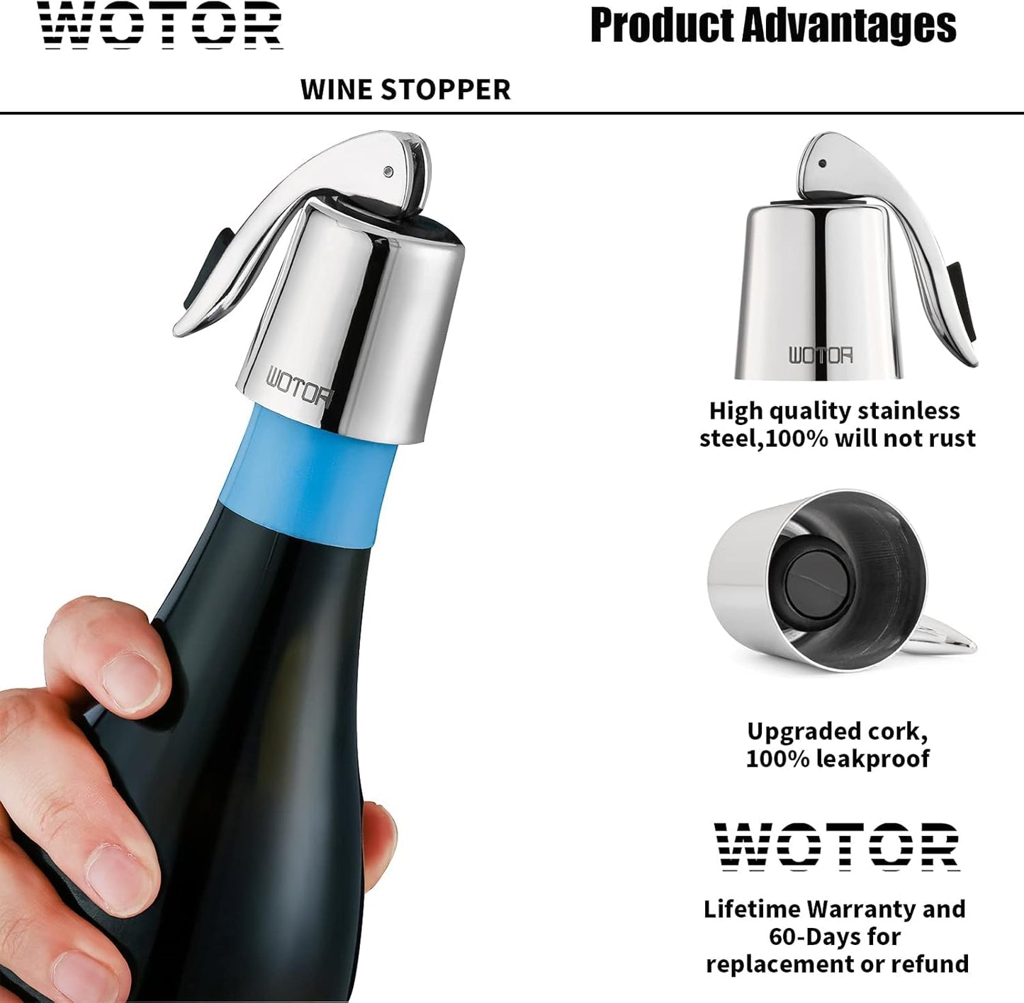 WOTOR Wine Stoppers Stainless Steel Wine Bottle stopper Plug with Silicone Reusable Wine Saver Leak proof Keep Fresh Silver 6 pack