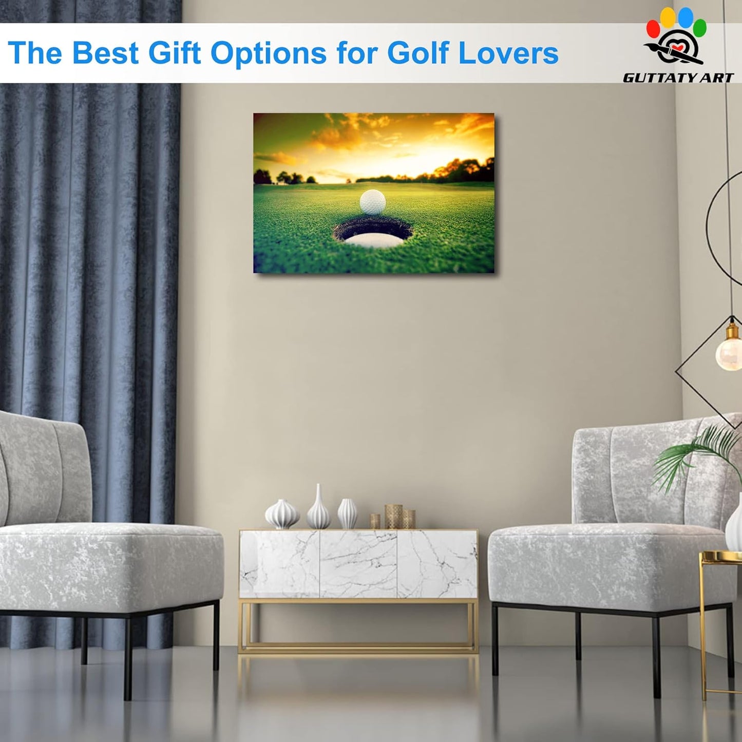 Sport Canvas Wall Art, Golf Wall Art Painting Prints for Living Room Wall Decor, Golf Ball Near Hole Landscape Poster Picture for Bedroom Decor, Framed Artwork for Office Home Decor 12x18 Inches