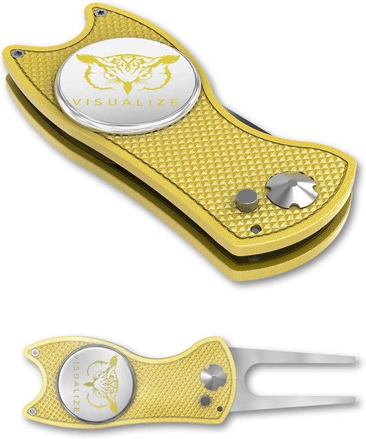 VISUALIZE Elite Switchblade Golf Divot Repair Tool Set with Ball Marker - Sturdy Anodized Aluminum - Perfect Golf Accessory Gift