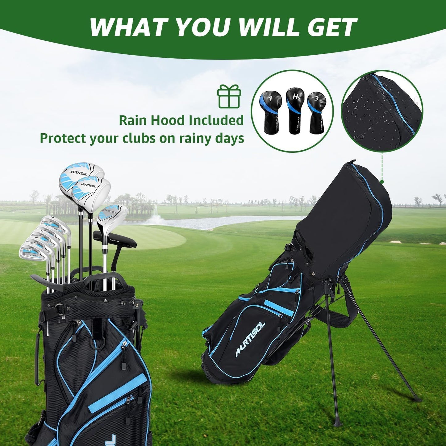 10 Pieces Golf Clubs Full Set Mens Right Hand,Golf Set Includes Stand Bag with Rain Hood, 1#Driver 3#Wood #5 Hybrid,with 3 Head Covers, 6# 7# 8# 9# PW# Irons and Putter