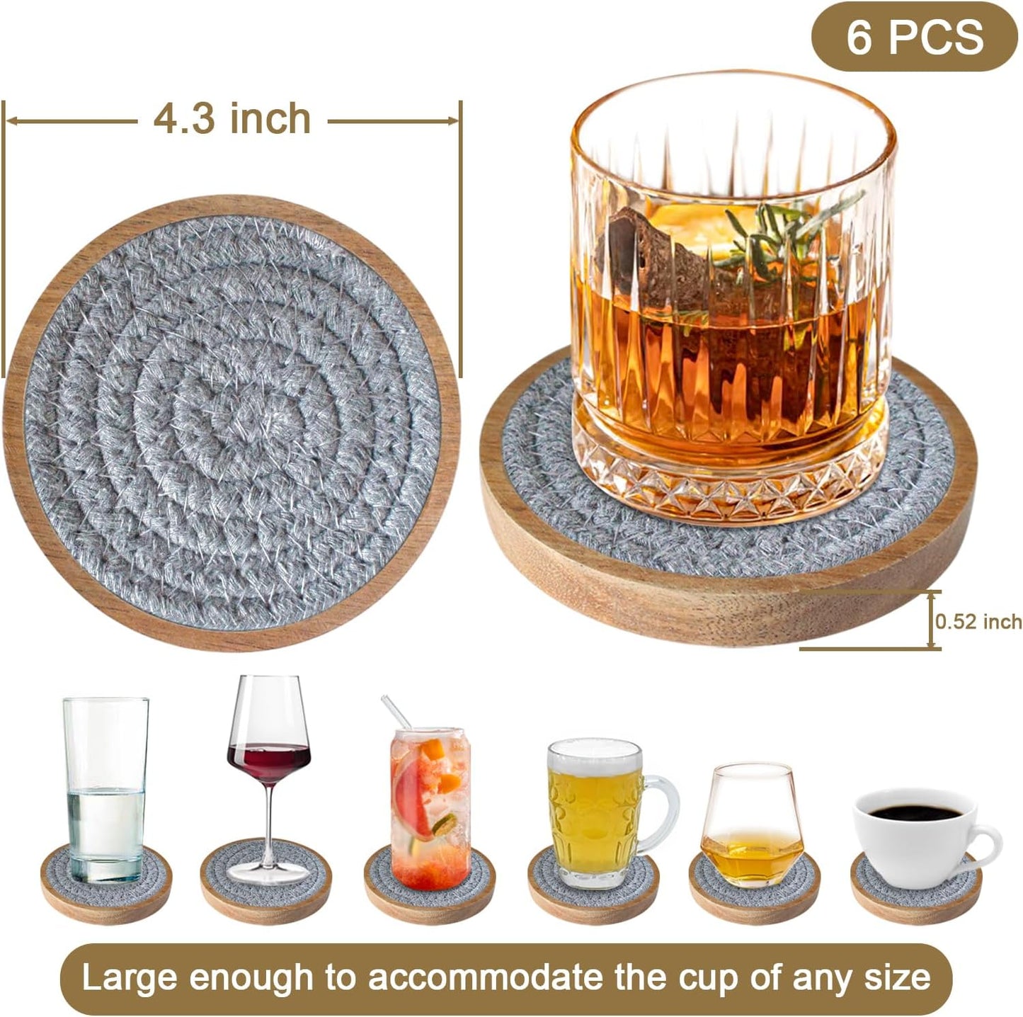 6 Pack Coasters for Drinks Absorbent, 4.3 inches Cute Coasters for Kitchen, Farmhouse, Bar, and Office (Gray)