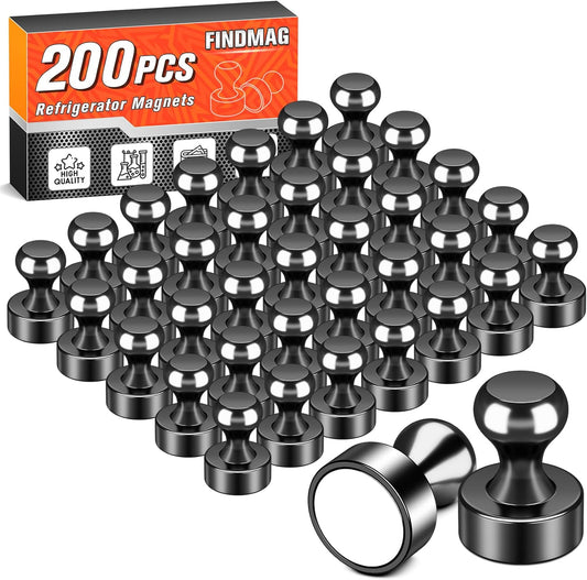 FINDMAG Magnets for Fridge, 200Pcs Black Professional Grade Neodymium Fridge Magnet, Strong Whiteboard Magnet, Ultimate Bulk Push Pins Magnets for Kitchen, Classroom, Metal Decorative, Cruise Decor