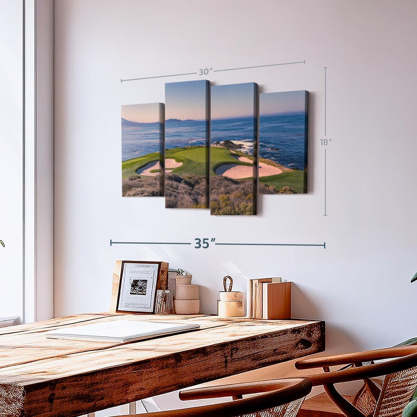 Elephant Stock Pebble Beach Golf Club Wall Art - Horizontal Canvas - 4-Piece Living Room Wall Decor - Luxury Photography Canvas Print - Beige and Blue Decor for Wall - 30" X 18"
