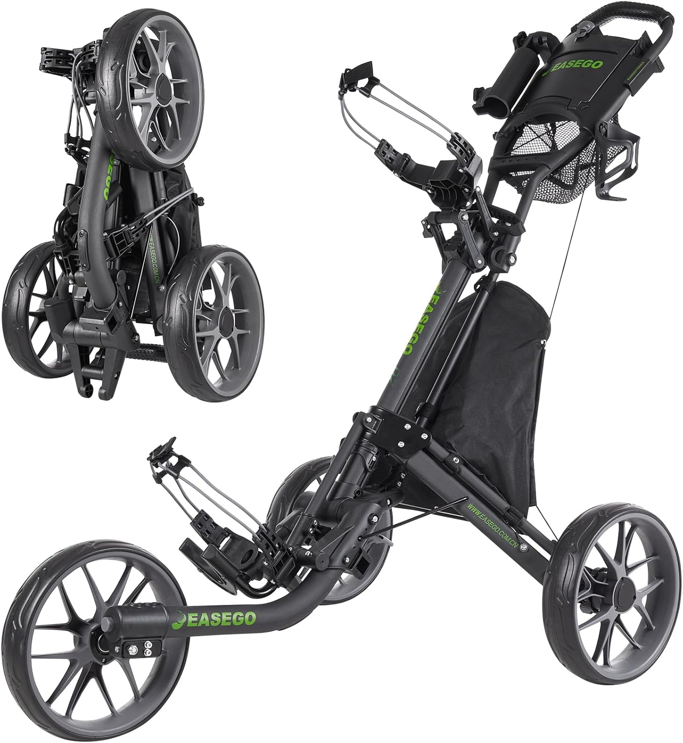 Golf Push Cart 3 Wheel : Golf Bag Cart Foldable with Phone Holder/Cup/Umbrella Holder Compact Golf Pull Carts Quick Fold Golf Caddy Push Carts with Large Wheelbase for Different Terrain