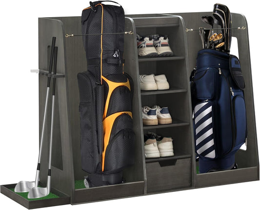 Golf Bag Organizer Storage Rack Stand Holder Fits 2 Extra Large Golf Club Bags and Multiple Golfing Equipment Accessories for Garage Home Simulator and Office