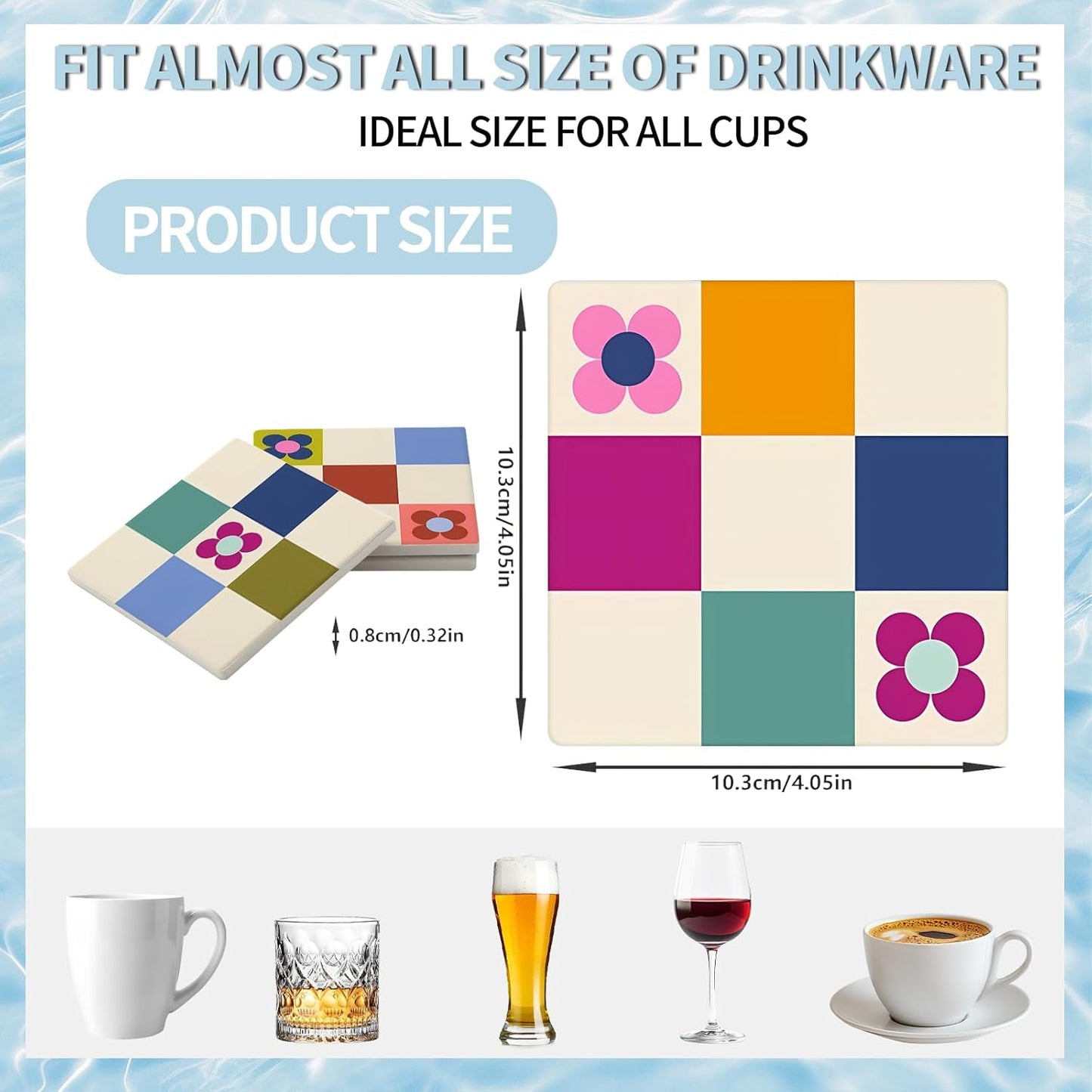 MAYCARI Contrasting Color Cartoon Flower Coasters Set of 6 Cork Backed Checkered Flower Coasters with Metal Holder Ceramic Surface Drink Cup Mats for Tabletop Protection Desk Decoration Birthday Gifts