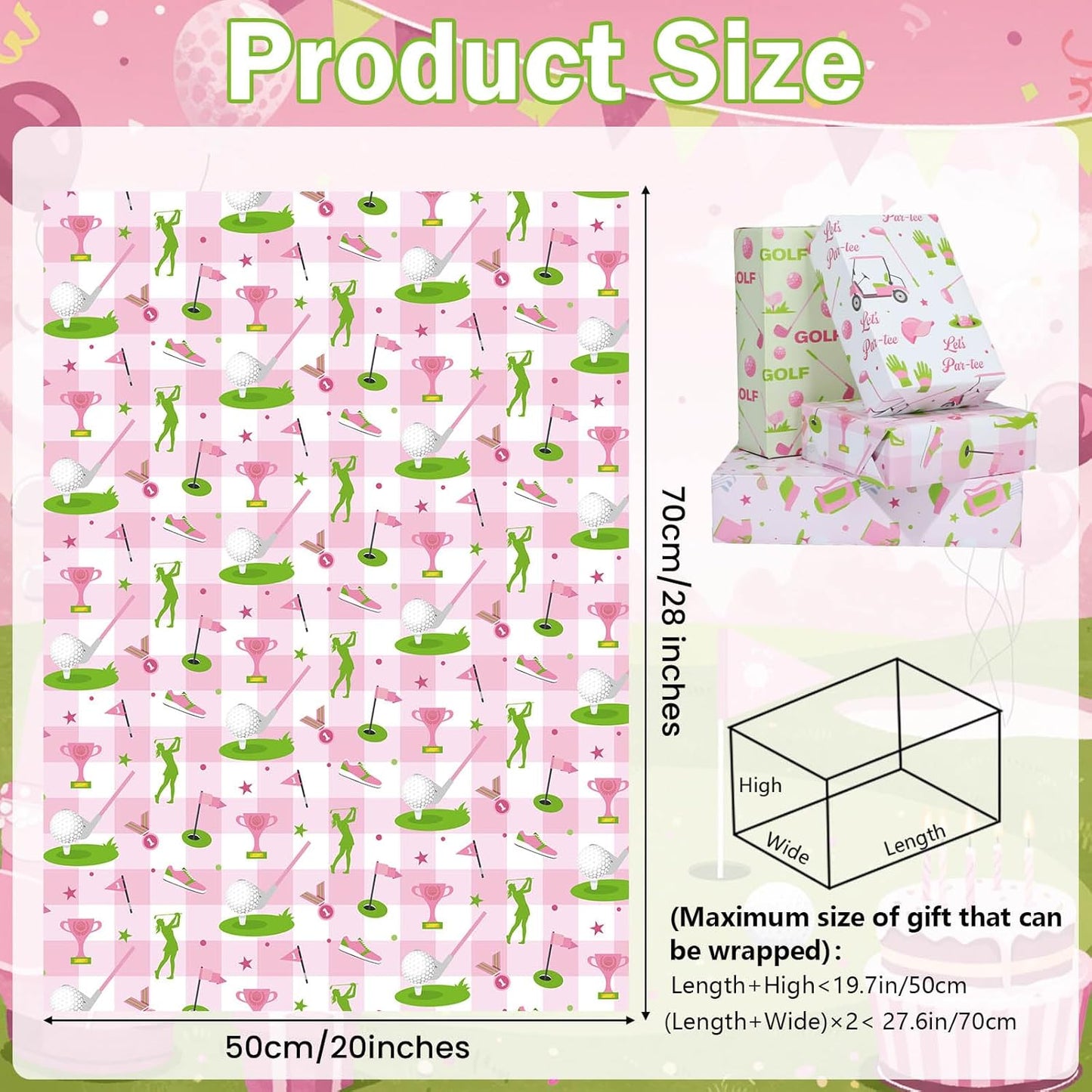 Pineraap 12 Sheets Golf Wrapping Paper, Pink Green Golf Ball Let’s Par-tee Gift Wrap Sports Gift Packing Paper for Girls Birthday Party Holiday Baby Shower DIY Crafts, 19.7 x 27.6 Inch