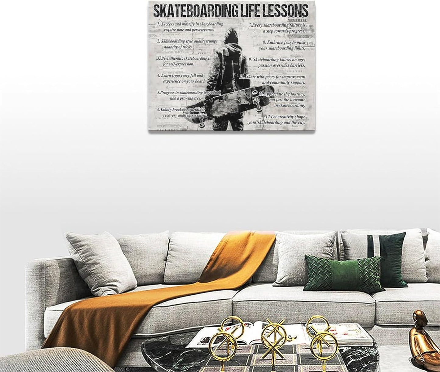 Skateboarding Sports Wall Art Skateboarding Life Lessons Wall Decor Skateboard Sign Retro Poster Boy Men Motivational Decorations Canvas Print Painting Artwork for Bedroom Living Room Gym 16"x12"