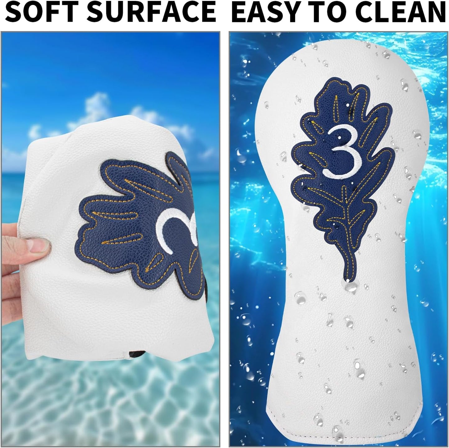 Golf Maple Leaves Head Cover Golf Club White Leather Headcovers Set Fits Driver Fairway Wood Hybrid Utility Putter Iron Wedge Headcover.