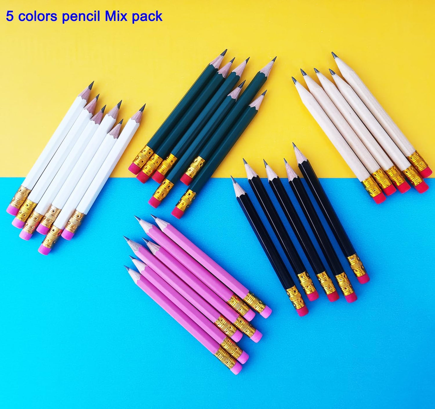Adhere 25pcs Golf Pencils with eraser Hexagon Wooden Pencils Graphite 2B for Golf Event Scoring,Classroom,Wedding,Company Meetings,Pew, Pocket (Black・White・Green・Pink・Nature・50pcs)