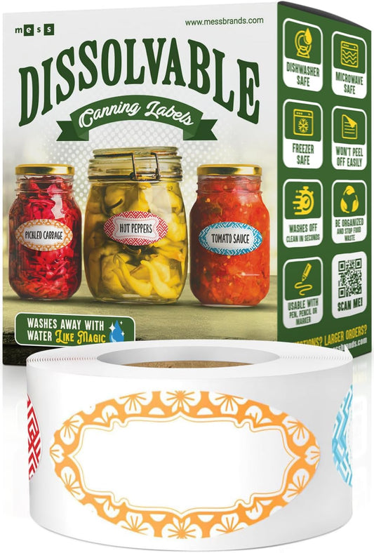 MESS Dissolvable Canning Labels for Jars – 1x2.25 in. 150/Pack – Removable Stickers for Mason Jars, Jam, Preserves (Color)