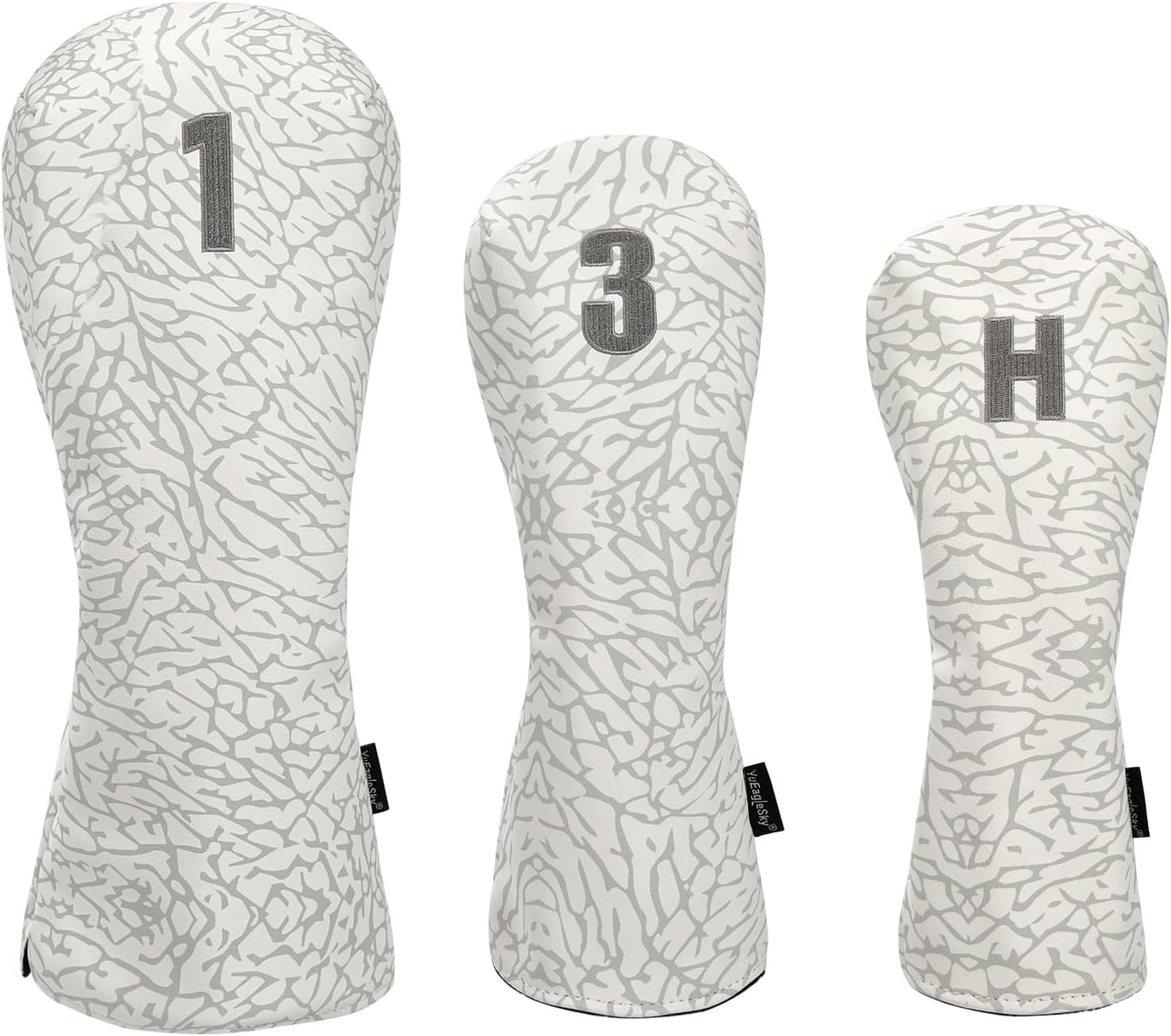 Golf Driver Head Covers 3-Pack for Men & Women - Premium PU Leather with Elephant Embroidery, Double Elastic Band (Driver/Fairway/Hybrid), Waterproof & Durable - White Grey or Black Grey